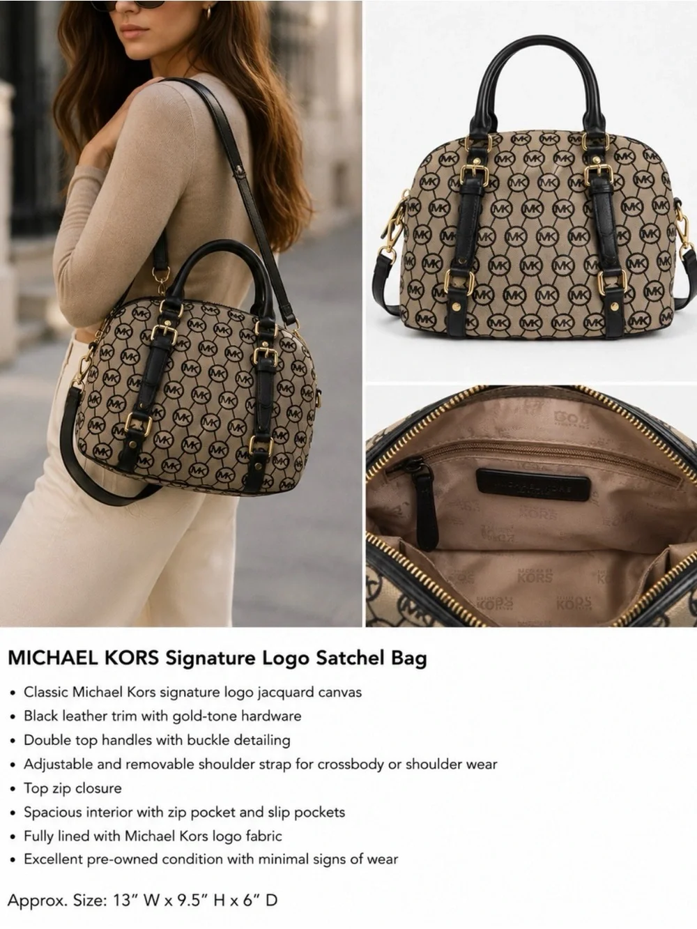 Michael Kors Signature Logo Satchel Crossbody Bag – Beige/Black Jacquard